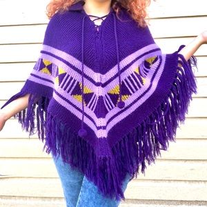 SOLD Knitted Acrylic Bohemian Poncho With Fringe